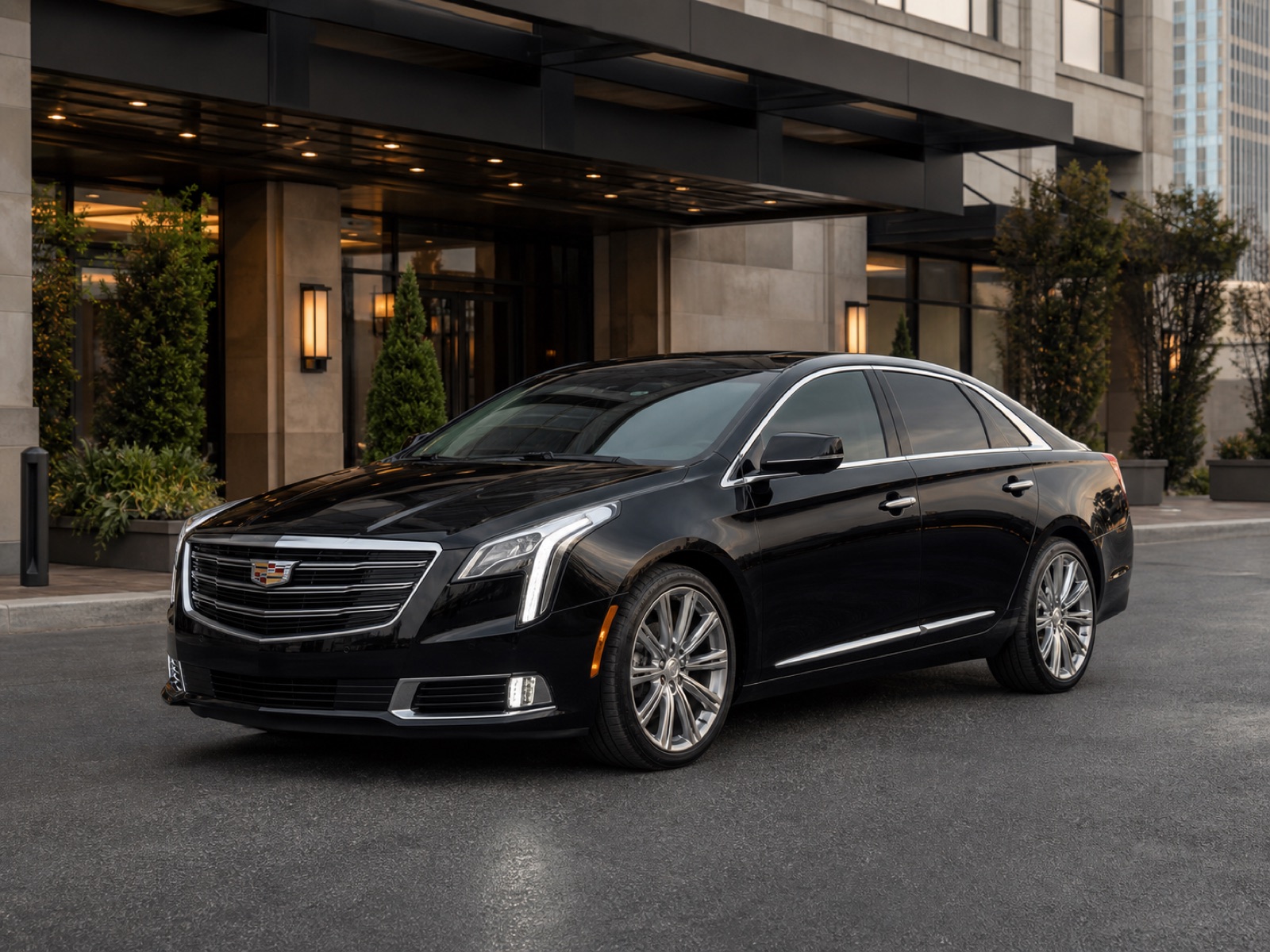Black Cadillac XTS luxury sedan at an executive hotel curb
