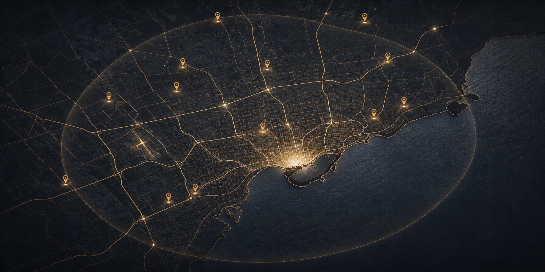 Stylized map of Limo On The Way service coverage across the Greater Toronto Area